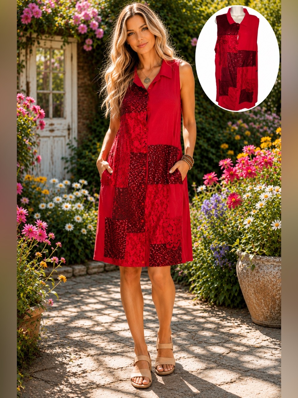 Origami by Vivian XXL Sleeveless Red Patchwork Collared Dress